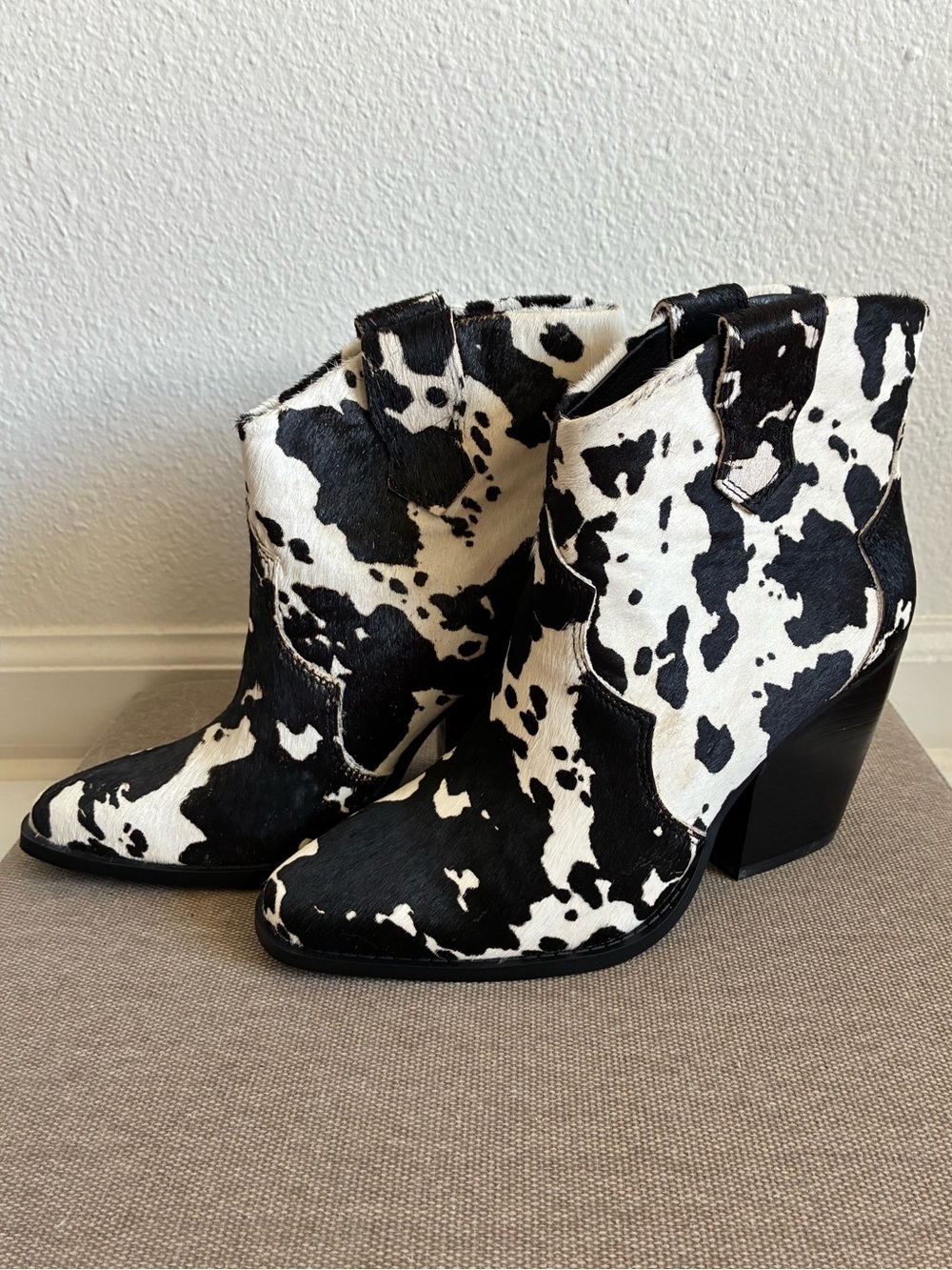 Chinese Laundry Bonnie Bootie in cow print hair